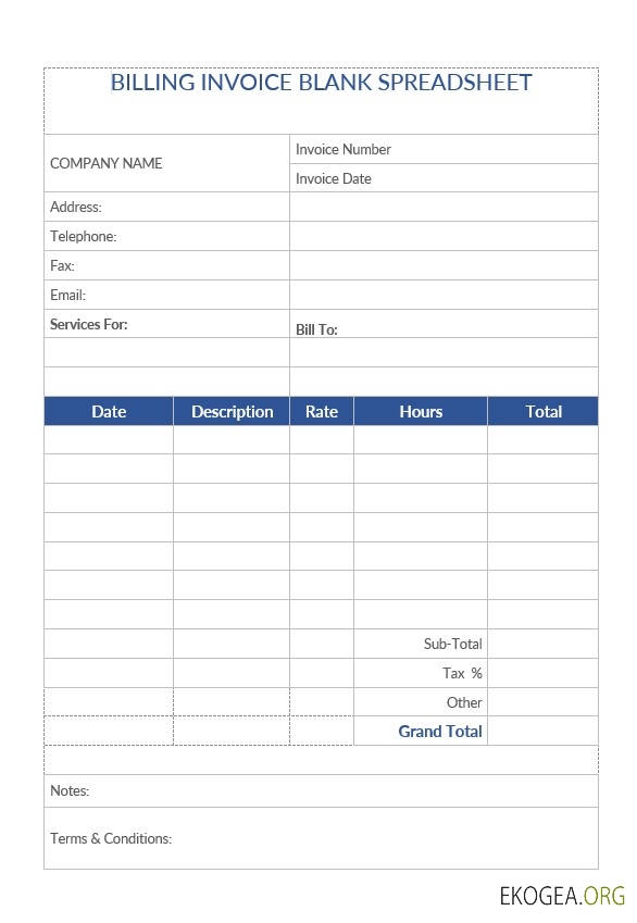 Modèle de feuille de calcul vierge de facture de facturation